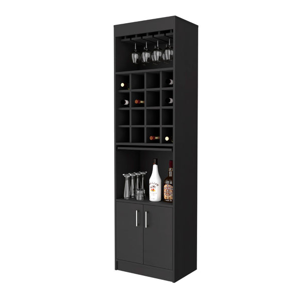 English Elm Myers Tall Bar Cabinet with Wine Rack Glass Holder Open Shelves and Double Doors B128S00154