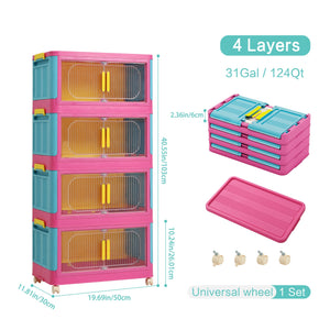 English Elm Happy 20" Side Wide Folding Storage Cabinet with 5 Tiers, Wheels, Magnetic Door, Durable PP Design Blue+Pink W2873P279883