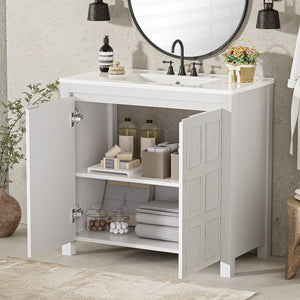 English Elm 36" Bathroom Vanity Organizer with Ceramic Sink, Solid Wood Distressed Finish, Hand-Painted Charm and Ample Storage Antique White N729P255666K