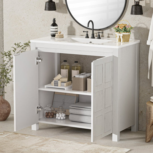 English Elm 36" Bathroom Vanity Organizer with Ceramic Sink, Solid Wood Distressed Finish, Hand-Painted Charm and Ample Storage Antique White N729P255666K