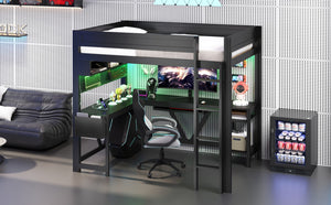 English Elm Wood Full Size Gaming Loft Bed With Integrated Desk, Charging Station & Led Lights - Black Finish N7090004022B-GIGA