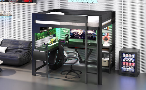 English Elm Wood Full Size Gaming Loft Bed With Integrated Desk, Charging Station & Led Lights - Black Finish N7090004022B-GIGA
