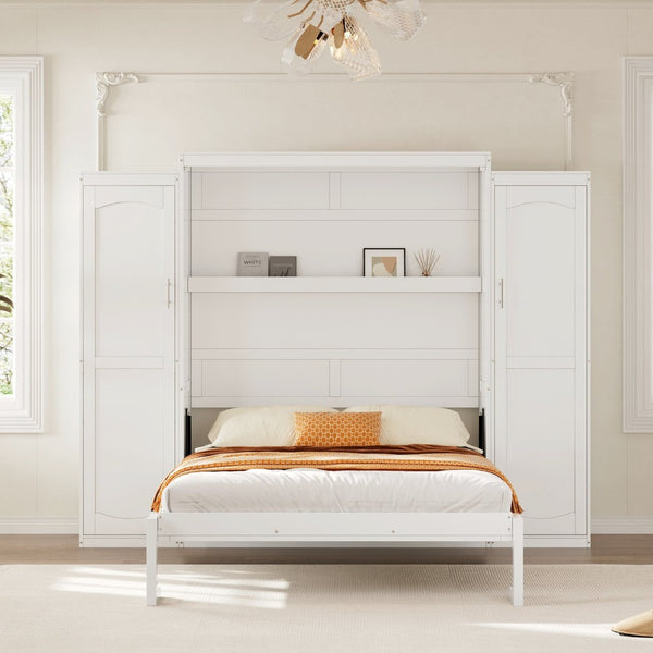 English Elm Full Size Murphy Bed with Dual Wardrobes Pine Mdf Frame for Guest or Bedroom N733S339778K