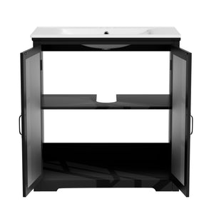 English Elm Christopher Knight Home® - 30" Modern Bathroom Vanity with Ceramic Sink, Tempered Blurred Glass Doors, Rubber Wood Frame Storage Matte Black N817P279904B