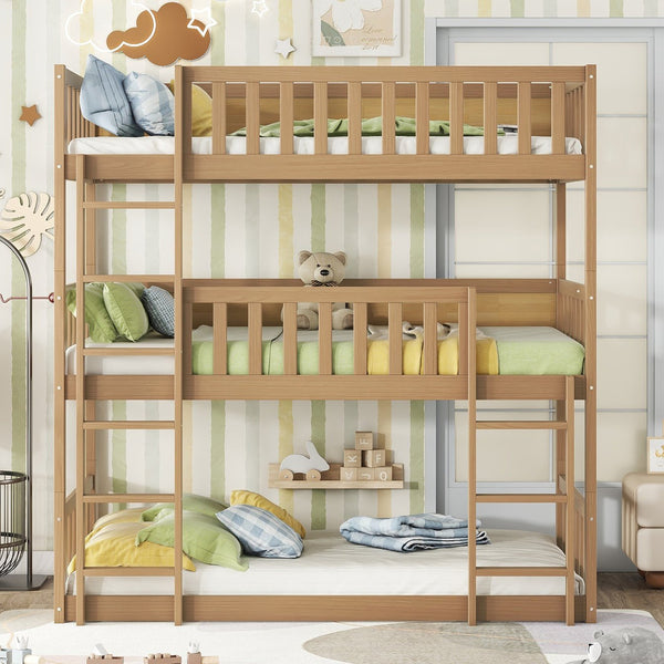 English Elm Twin Triple Rubberwood Bunk Bed with Ladders & Guardrails, Space-Saving Modular Design for Families White Oak W504S00172