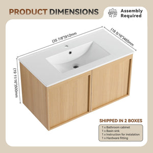 English Elm 36" Floating Bathroom Vanity Light Oak Modular Cabinet with Gel Coat Integrated Sink Glossy White,Light Oak W3450S00067