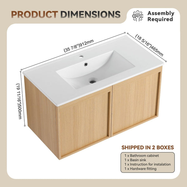 English Elm 36" Floating Bathroom Vanity Light Oak Modular Cabinet with Gel Coat Integrated Sink Glossy White,Light Oak W3450S00067