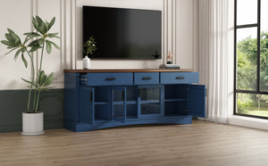 English Elm Christopher Knight Home® - Modern Blue TV Stand 67" with Walnut Top, Glass Door Center, 3 Drawers & Adjustable Shelves for Storage and Media Organization N779P296233B