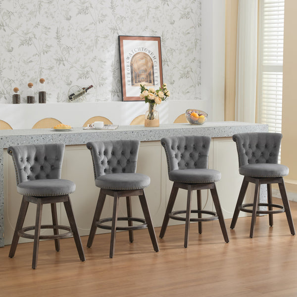English Elm 26" Velvet Swivel Counter Stools Set of 2 with Tufted Back, Foam Cushion & Solid Wood Legs Gray W1143P362519