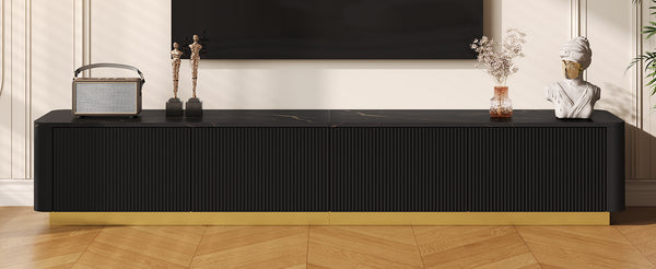 English Elm ON-TREND Fluted TV Stand with Faux Marble Top and Gold Base — 78.7" Modern Media Console with 4 Drawers Black N721P298025B