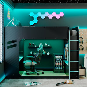 English Elm Full Size Loft Bed with Rgb Lighting Desk Drawers Hanging Rod Teen Bedroom Blue LT000288AAC-1