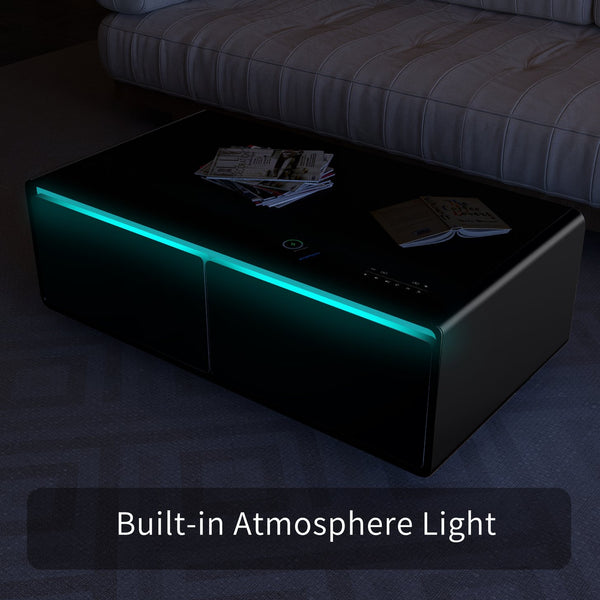 English Elm Modern Smart Coffee Table with Built-in Dual Fridge, Bluetooth Speakers, 15W Wireless Charge, RGB Lights Black W1172P320207