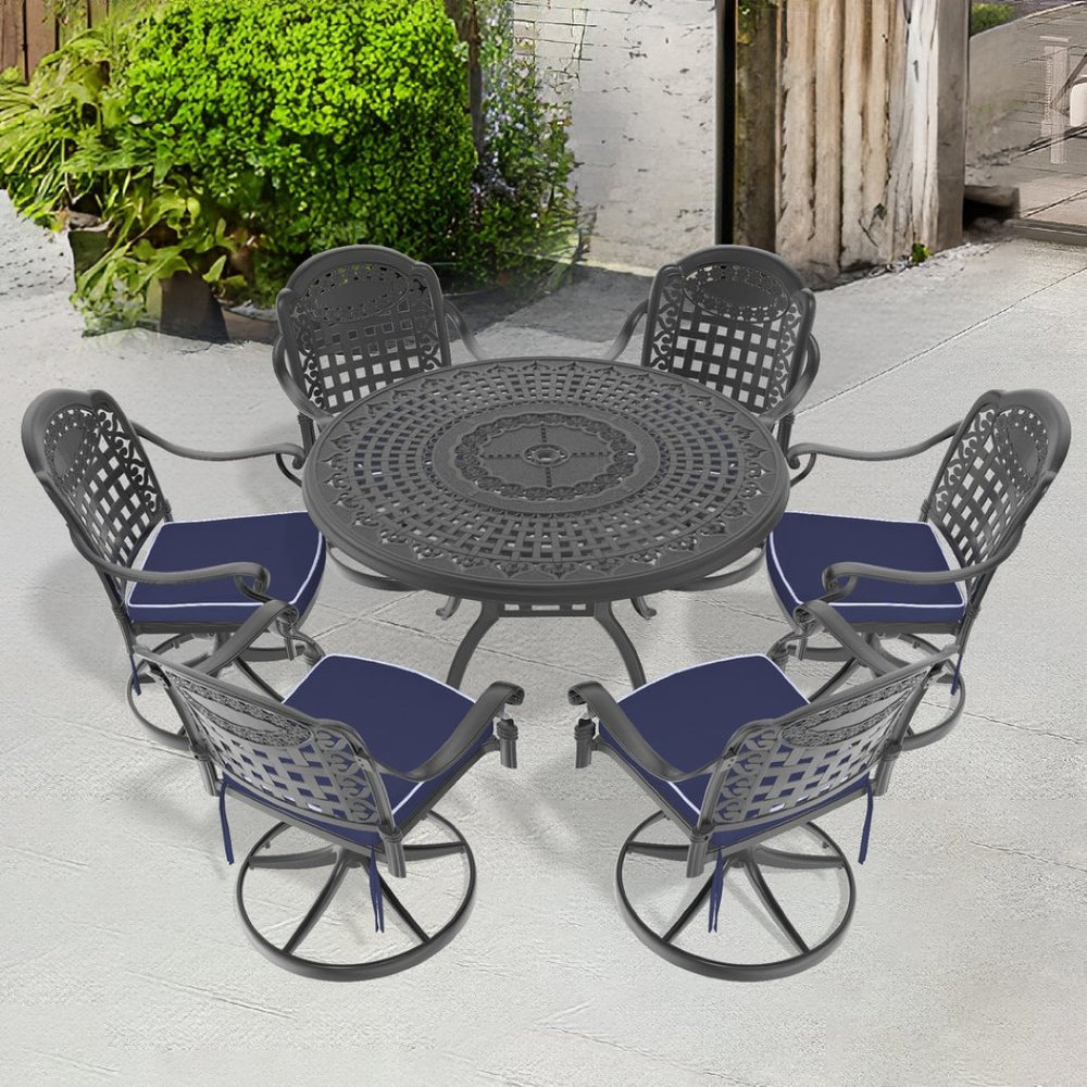 English Elm 7-Piece All-Weather Cast Aluminum Dining Set With 6 Swivel Chairs & Cushions For Outdoor Comfort P4 W1710S00344-GIGA