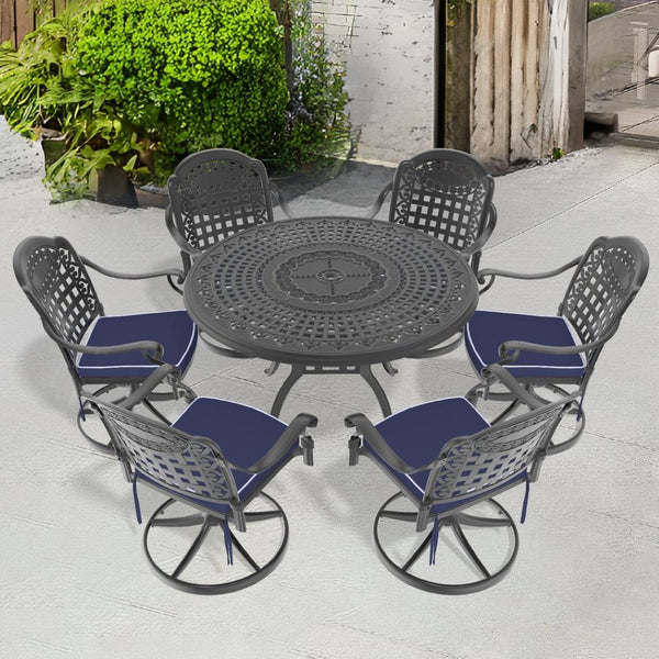 English Elm 7-Piece All-Weather Cast Aluminum Dining Set With 6 Swivel Chairs & Cushions For Outdoor Comfort P4 W1710S00344-GIGA