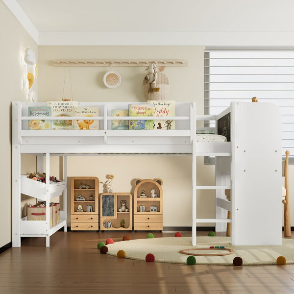 English Elm Twin Low Loft Bed Solid Pine Frame Kids Study Desk Blackboard Storage White Light White W1580S00299