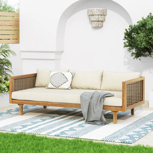 English Elm Christopher Knight Home® - Wicker Outdoor Patio Daybed and Coffee Table Set — All-Weather Acacia Frame, Water-Resistant Cushions Teak+ Beige N770P234486F_N770P205570B