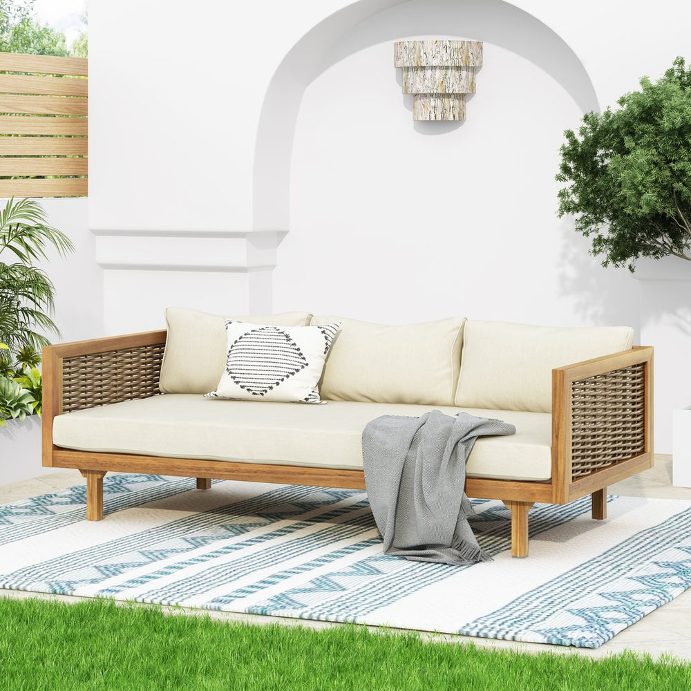 English Elm Christopher Knight Home® - Claremont 3-Seater Daybed With Rattan Arms – Stylish Beige Cushions For Indoor & Outdoor Relaxation N770P205570B