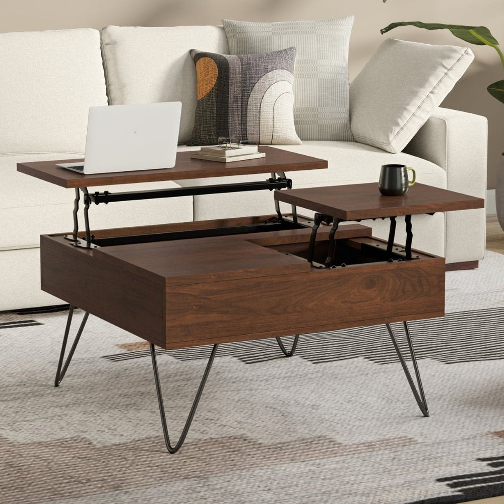 English Elm Hunter Solid Wood Lift Top Square Table with Gold Hairpin Legs and Hidden Storage B136P429092
