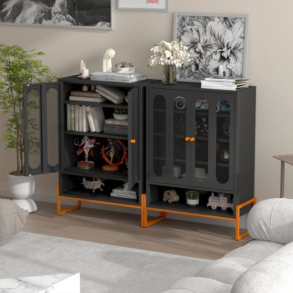 English Elm Modern Entryway Shoe Cabinet with Butterfly Doors Ventilated Shelves Steel Handle W1247P257580