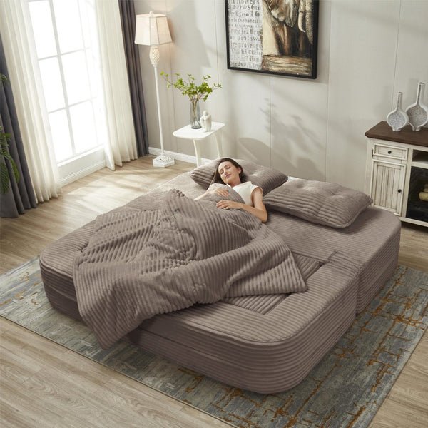 English Elm Multi Purpose Corduroy Sectional with Chaise Converts to King Floor Bed Deep Seat Coffee W3219S00010