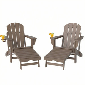 English Elm Folding Hdpe Adirondack Chair Set of 2 with Footrest for Patio Fire Pit Lounging Brown T3971P476042