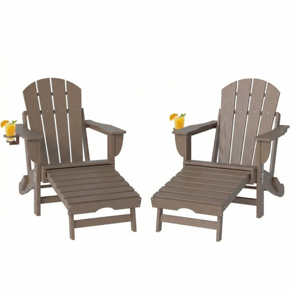 English Elm Folding Hdpe Adirondack Chair Set of 2 with Footrest for Patio Fire Pit Lounging Brown T3971P476042