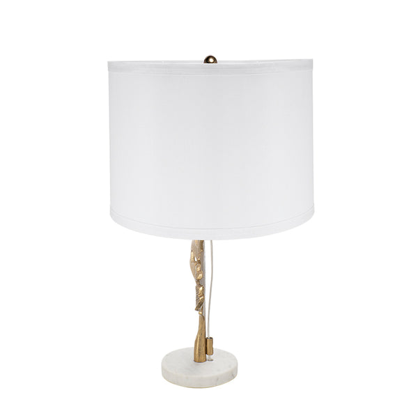 English Elm D13x22.2" Gold and White Table Lamp with Marble Pedestal and Leaf Silhouette, White Drum Shade W2078P360487