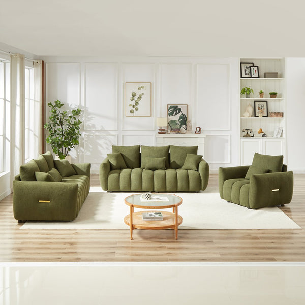 English Elm 1 Seater Modern Lounge Chair Sofa with Teddy Fleece, Wooden Frame, 7 Cushions, Sturdy 250lb Seats Green W1193S00168