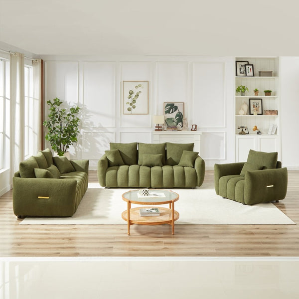 English Elm 1 Plus 3 3 Teddy Fleece Sofa Set with Pine Frame Seven Cushions for Living Rooms Green W1193S00182