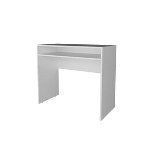 English Elm White Sleek Office Desk with Built-In Storage Shelf and Keyboard Tray, Durable Melamine Finish for Workspaces B062P230647