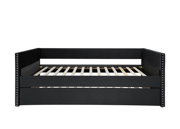 English Elm Beautiful Tufted Daybed with Nailhead Trim and Pull-Out Trundle, Modern Chic Lounge Bed for Guest Rooms Gray 42.72 L x 38.19 W x 5.51 H B011S01640