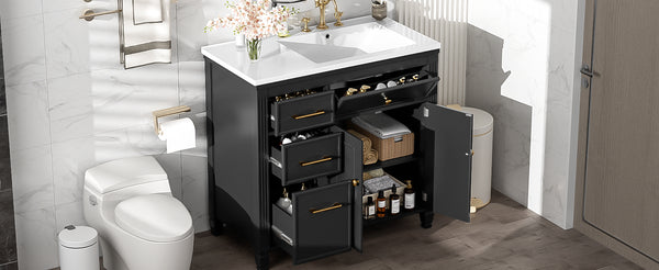 English Elm Christopher Knight Home® - 36" Freestanding 36-inch Modern Bathroom Vanity with Ceramic Sink, Ample Storage, Solid Legs, Durable Finish Black N759P284623B