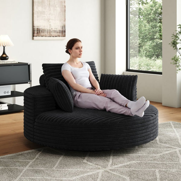 English Elm 55''l 55'l Faux Rabbit Fur Corduroy Swivel Lounge Chair Cloud Foam Seat for Bedroom Black W834S00448