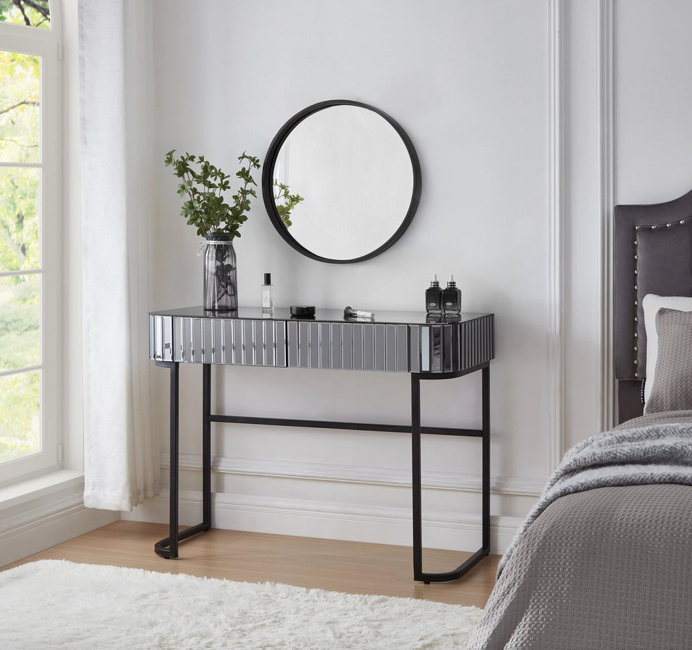 English Elm 39" Mirrored Vanity Table with Stainless Steel Base, 2 Drawers, Tempered Glass Top, 250lb Capacity, Gray Glam Desk N704P171796B