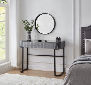 English Elm 39" Mirrored Vanity Table with Stainless Steel Base, 2 Drawers, Tempered Glass Top, 250lb Capacity, Gray Glam Desk N704P171796B