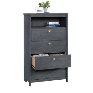 English Elm Chest of Drawers Blue finish – Spacious 4-Drawer Engineered Wood Cabinet with Open Shelf, Durable Design B356P367801
