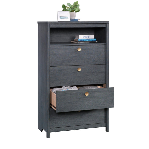 English Elm Chest of Drawers Blue finish – Spacious 4-Drawer Engineered Wood Cabinet with Open Shelf, Durable Design B356P367801