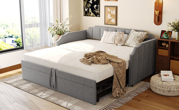 English Elm Twin Linen Upholstered Daybed with Pop up Trundle and Built in Usb Charging Gray SF000199AAE
