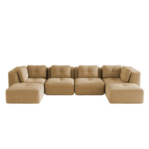 English Elm Modern Corduroy U-shaped Sectional with Deep Seating Two Ottomans Tufted Detail Camel W714S01788