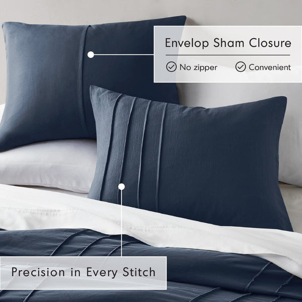 English Elm 3-piece Cal King Pintuck Pleated Microfiber Comforter Set Soft Washed Tailored Bedding Navy B035P463227