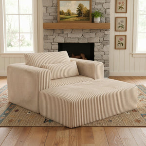 English Elm Oversized Corduroy Floor Lounge Chair with Modular Ottoman All Foam Deep Seat Beige W3326S00026