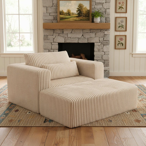 English Elm Oversized Corduroy Floor Lounge Chair with Modular Ottoman All Foam Deep Seat Beige W3326S00026