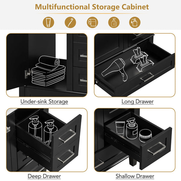 English Elm 30" Modern Bathroom Vanity with Solid Wood Frame, 3 Soft-Close Drawers and Ceramic Sink, Sleek Design Black N729P170557B