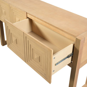 English Elm [video] Art Deco Console Table Geometric Carved Fronts Fluted Legs 3 Soft-close Drawers Light Brown N759P433572T
