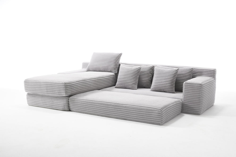 English Elm Memory foam L-shaped compression sofa bed with corduroy upholstery, modular no-assembly design, cloud comfort and space-saving functionality for apartments and home theaters Light Gray W2959S00007