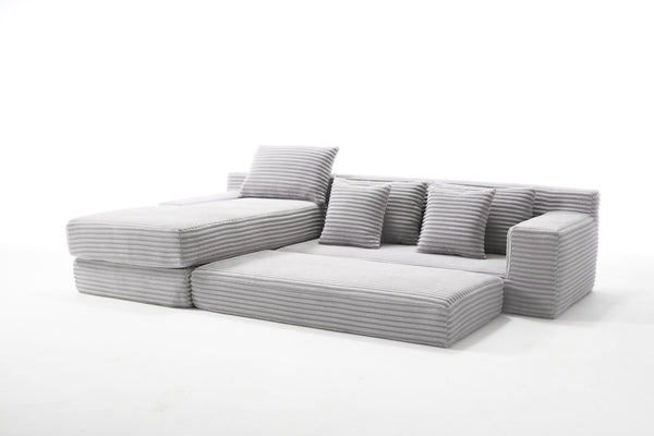 English Elm Memory foam L-shaped compression sofa bed with corduroy upholstery, modular no-assembly design, cloud comfort and space-saving functionality for apartments and home theaters Light Gray W2959S00007