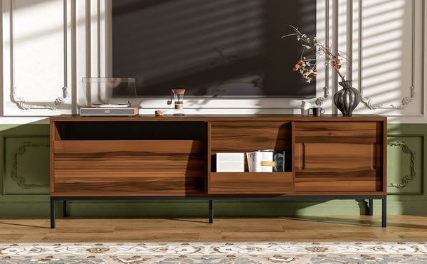 English Elm U-can Mid Century Walnut Media Console with Sliding Doors and Metal Frame for Living Rooms Brown N724P360370D