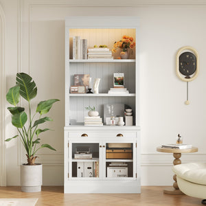 English Elm 83.4"Tall Modern Bookshelf Suite With Led Lighting - Stylish 2-Piece Storage For Home & Office Decor N751S059520K