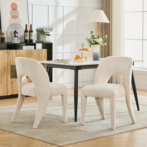 English Elm Beige Chenille Dining Chair Set of 2 with Sculptural Open Back and Iron Frame W3615P500490