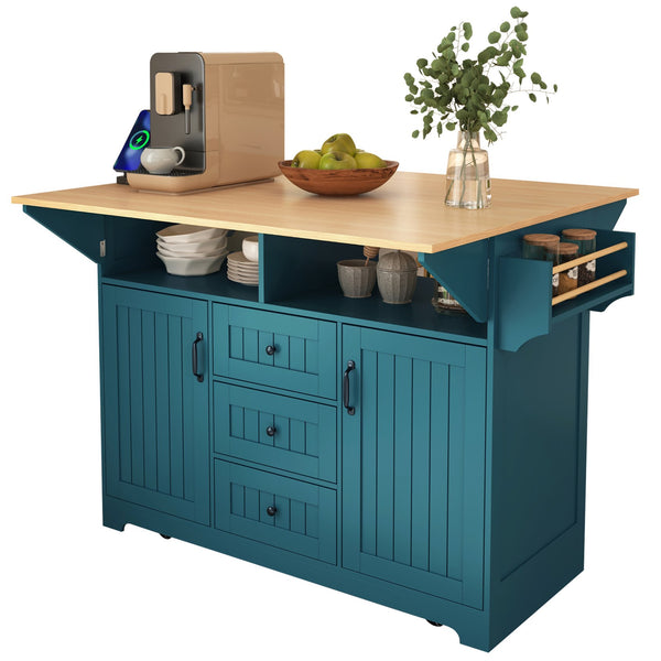 English Elm K&K Convertible 55.7" Folding Kitchen Island Cart with Power Outlet, Spice Rack, 5 Wheels, Multi-Use Green N707P186617E